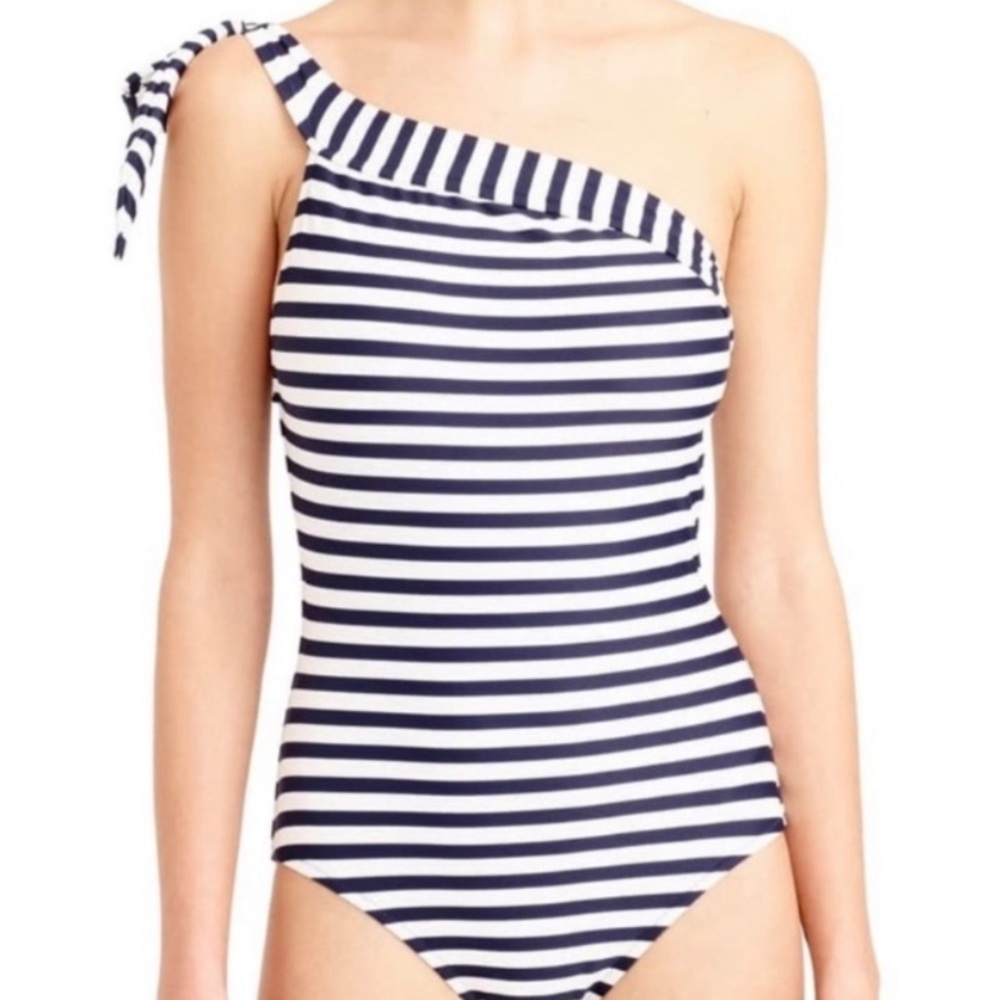 Sz 2, J. Crew one shoulder stripe one piece swimsuit, navy & white